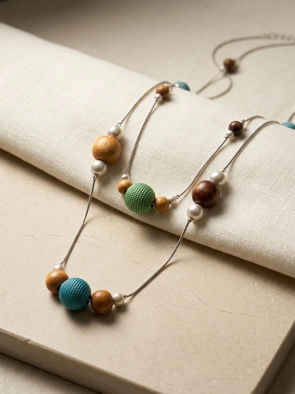 Artisanal Multi-Strand Statement Necklace with Fabric and Wooden Beads